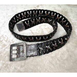 BKE Woven Leather Belt Black S Silver Tone Buckle Chunky Boho Grunge Biker 5175